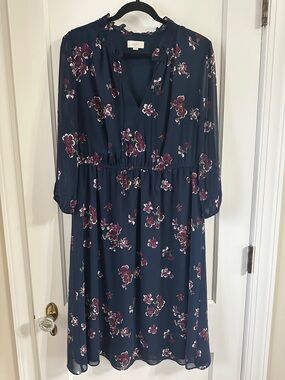 LOFT Navy Floral Tie-Neck Long Sleeve Midi Dress